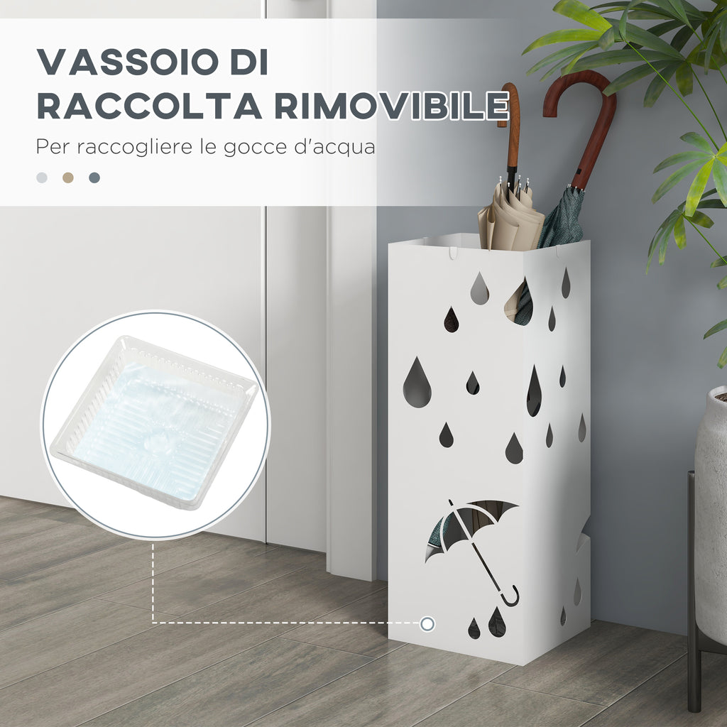 Metal Umbrella Stand with 4 Hooks and Drip Tray, 15.5x15. 5x41cm, White