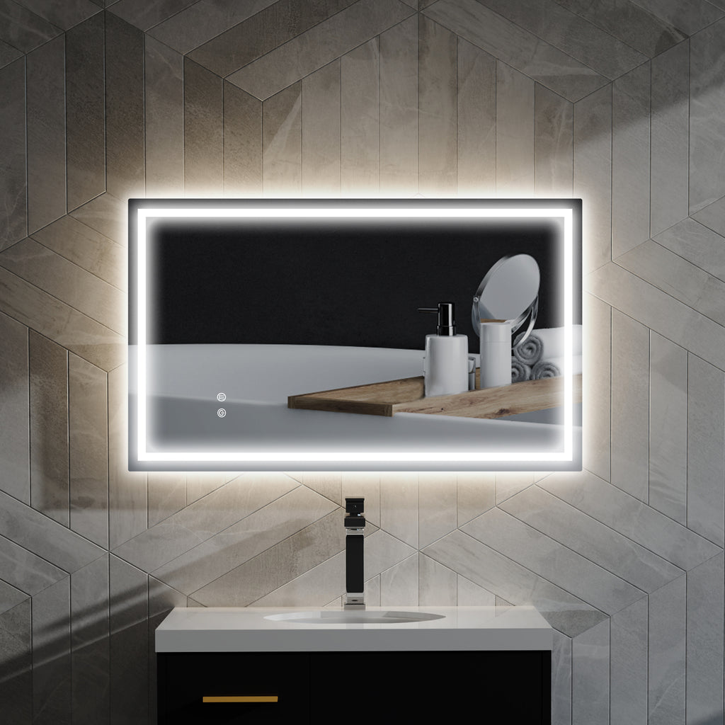 Bathroom Mirror with 3-Color Adjustable LED Lights and Anti-Shock Coating, Glass and Metal, 100x3x60 cm