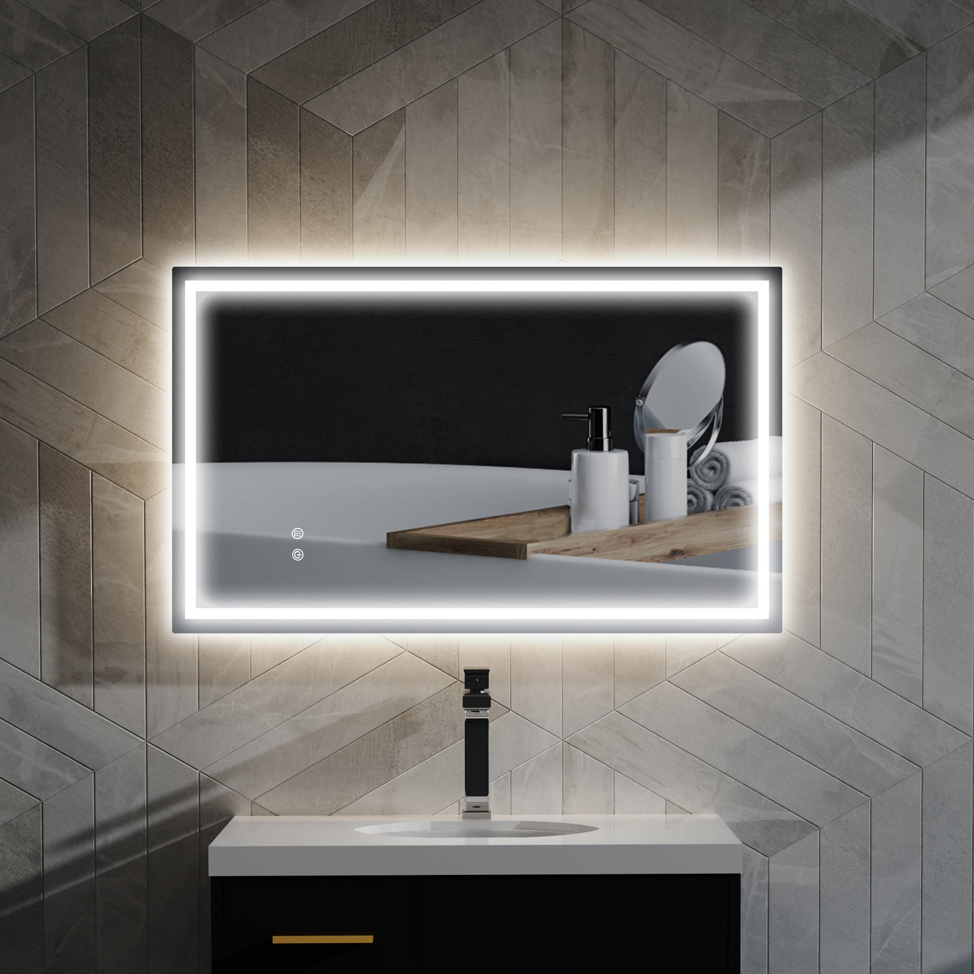 Bathroom Mirror with 3-Color Adjustable LED Lights and Anti-Shock Coating, Glass and Metal, 100x3x60 cm