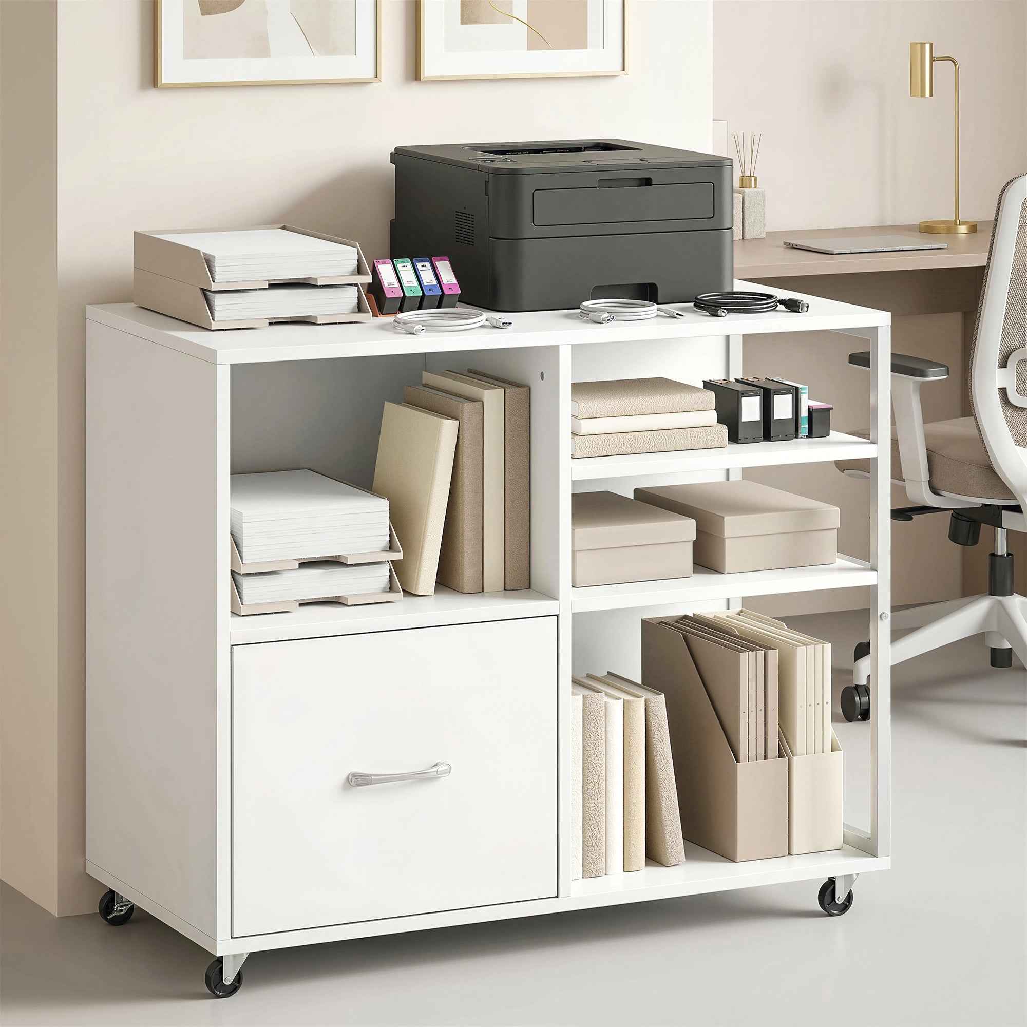 HOMCOM A4 Printer Table with Wheels and Drawer for Home and Office