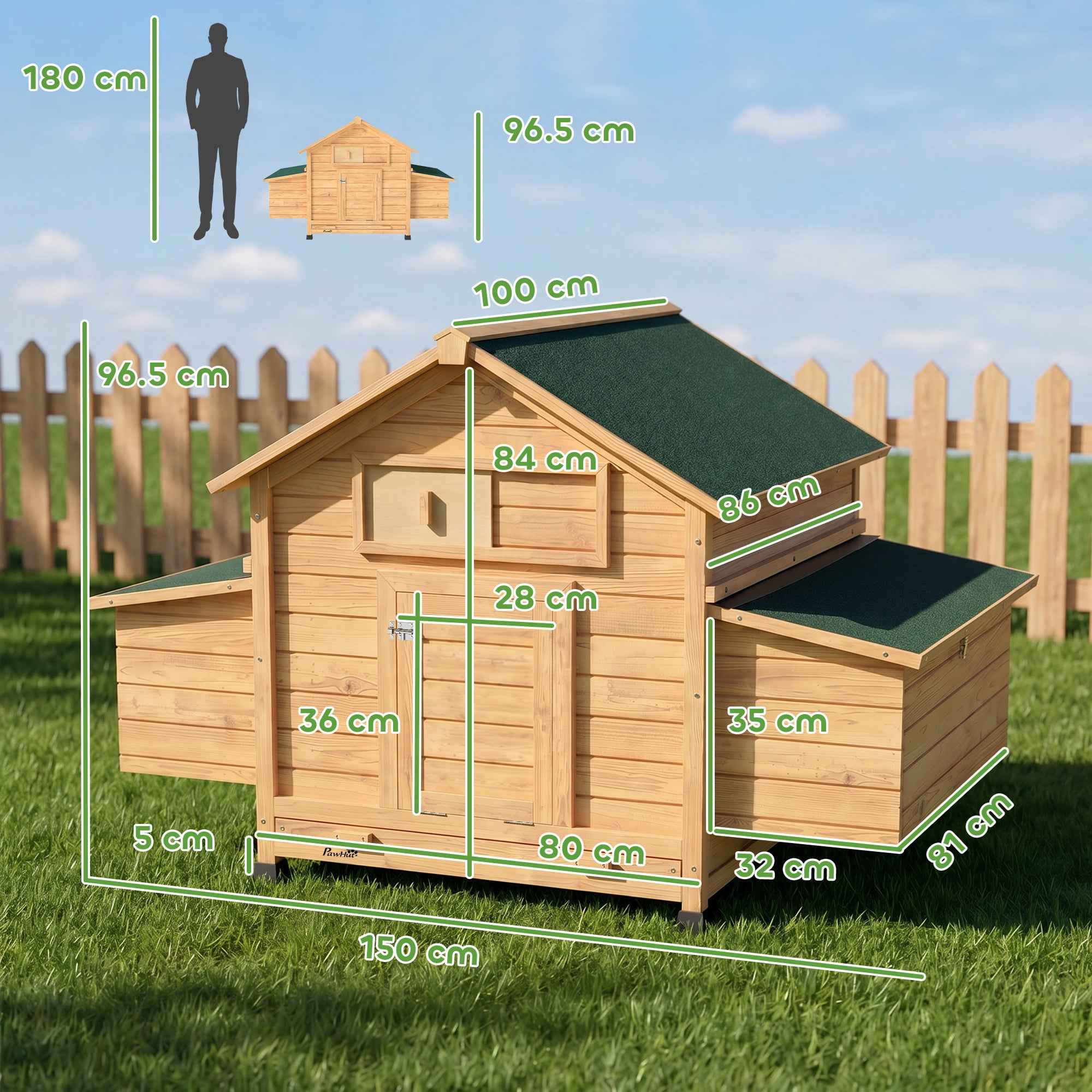 PawHut Wooden Chicken Coop, Waterproof Roof, 150x100x96.5cm, Yellow