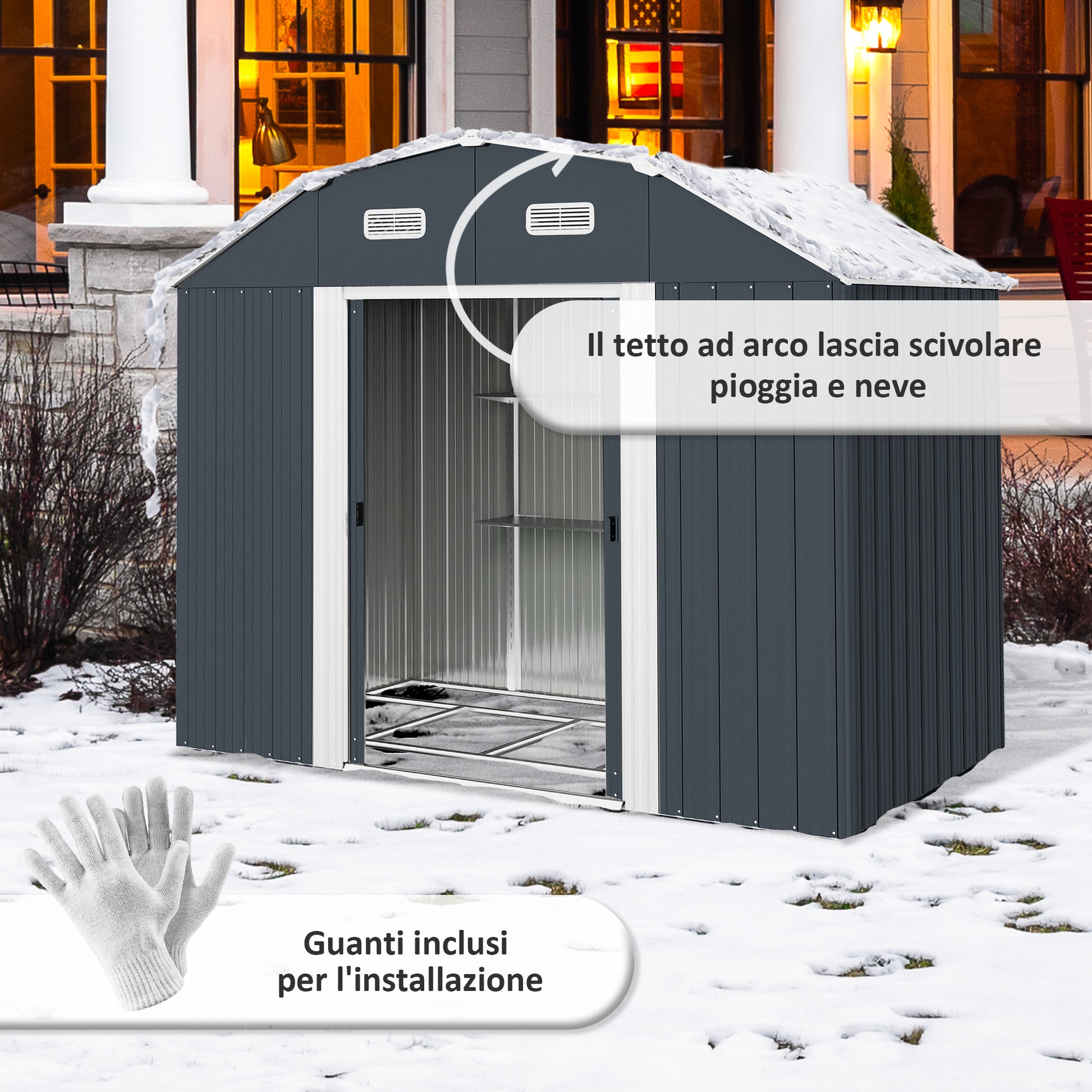 Outsunny Tool Shed with Adjustable Shelves and 2 Windows, in Galvanized Steel, 238x132x198.5 cm, Dark Gray - Borgè