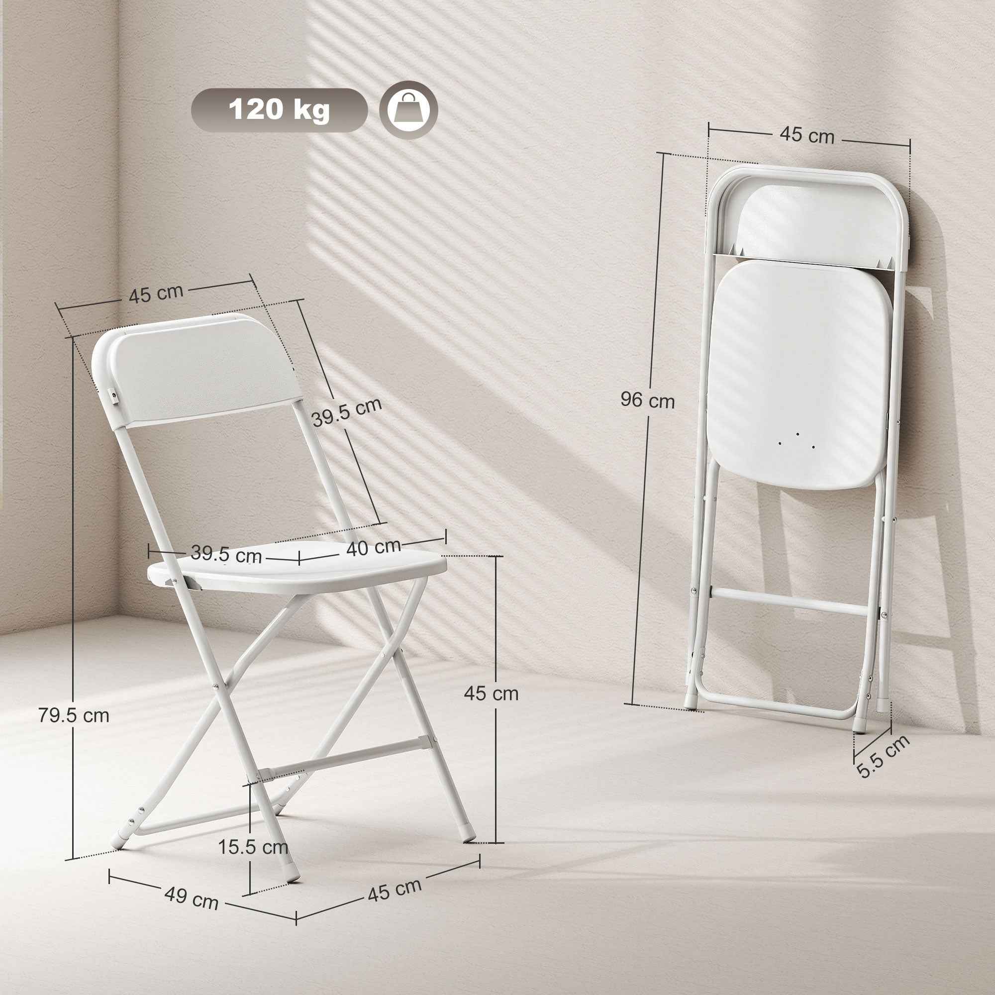 HOMCOM Set of 4 Folding Chairs with Drainage Holes in Plastic and Metal, 45x49x79.5 cm, White