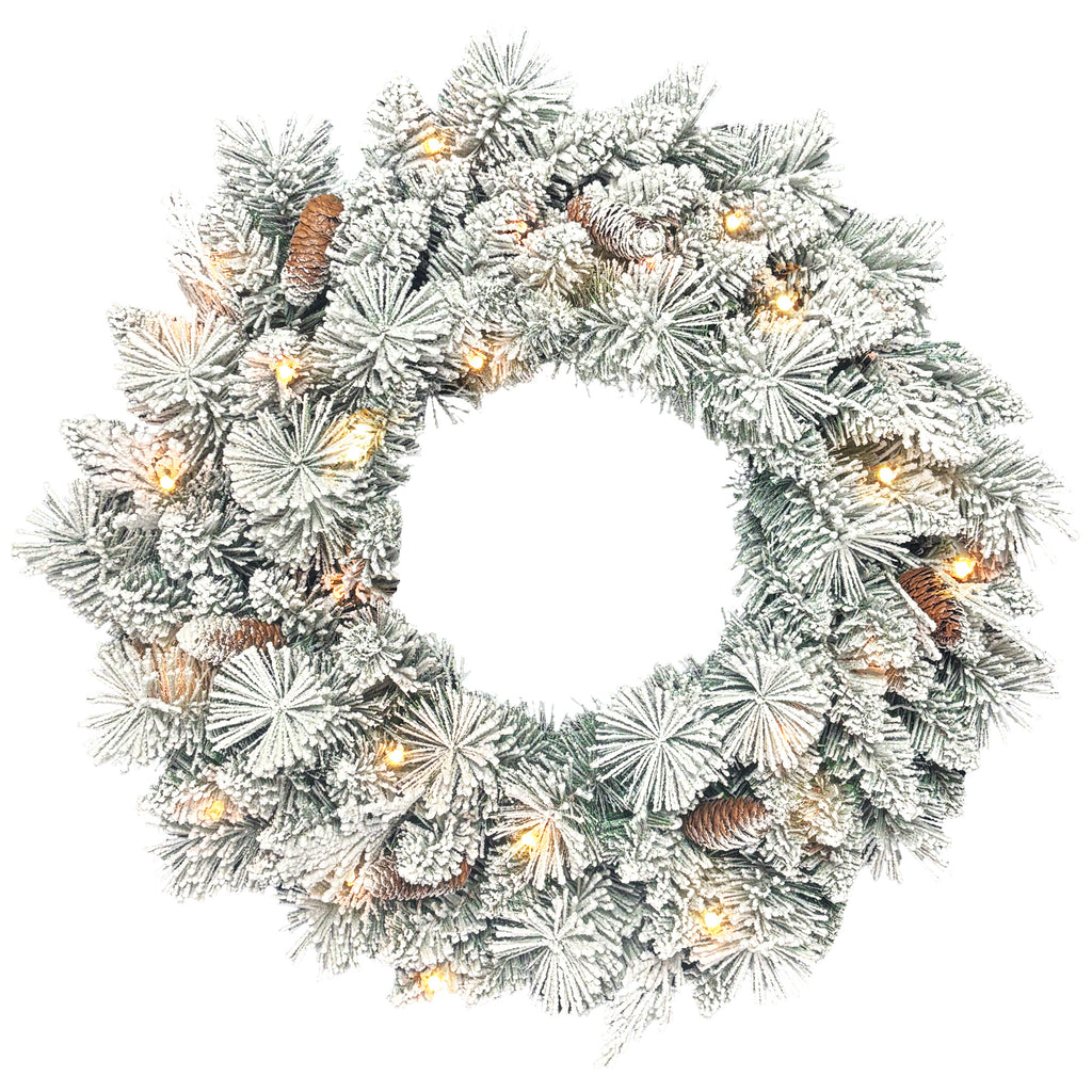 60cm Snow-Covered Christmas Wreath, 35 LED Lights with Timer and Decorative Pine Cones
