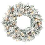 60cm Snow-Covered Christmas Wreath, 35 LED Lights with Timer and Decorative Pine Cones