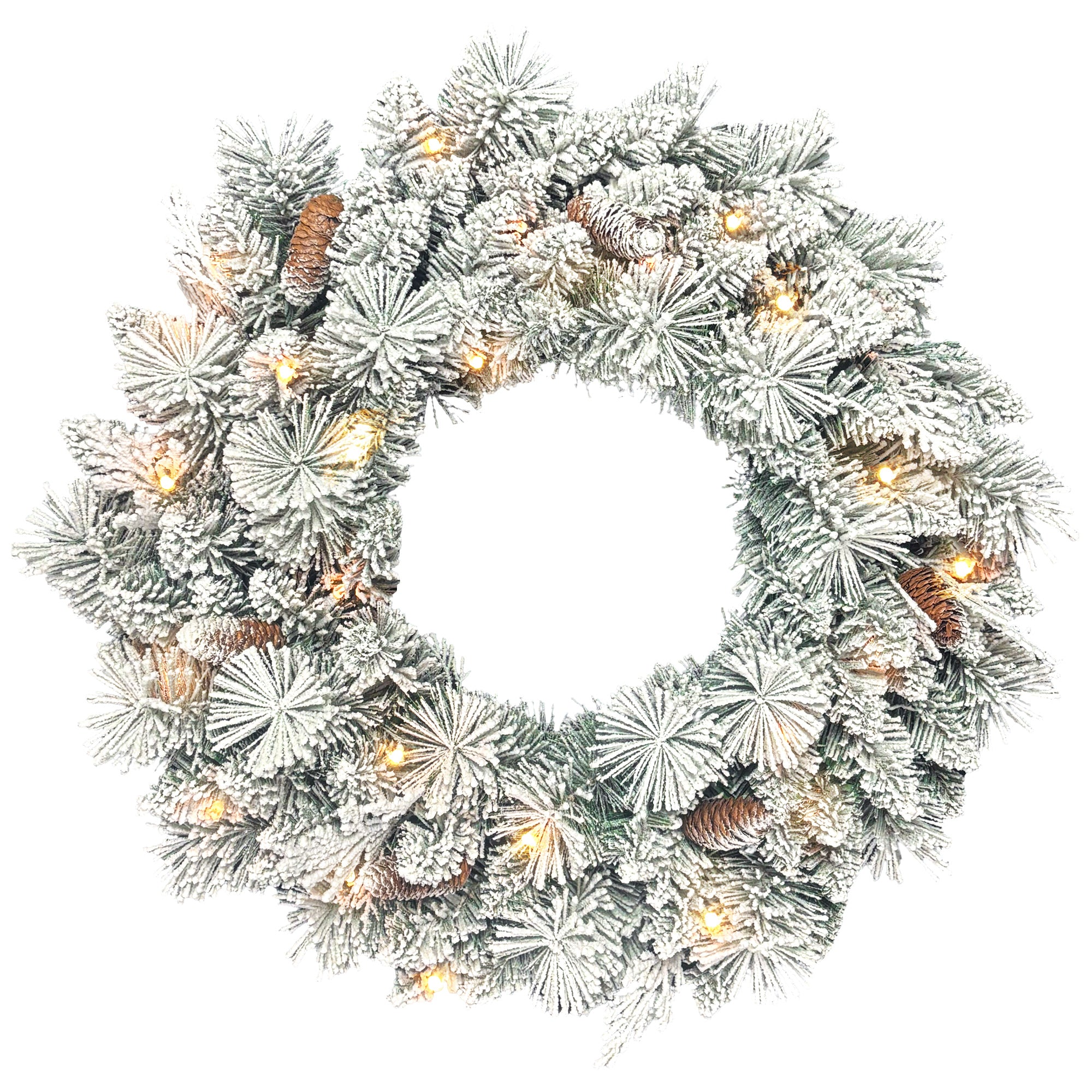 60cm Snow-Covered Christmas Wreath, 35 LED Lights with Timer and Decorative Pine Cones