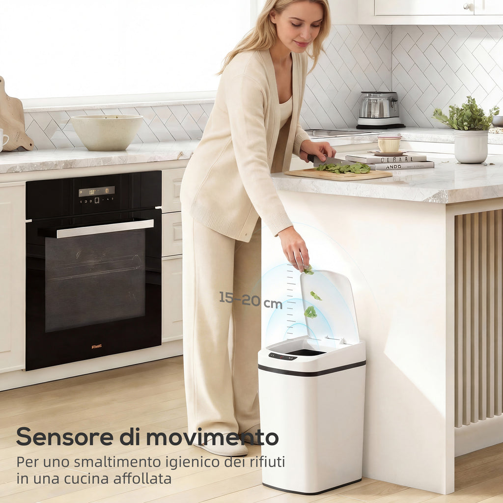 HOMCOM 12L Infrared Waste Bin with Removable Bucket, Stainless Steel, ABS and PP, 28x22x41 cm, White