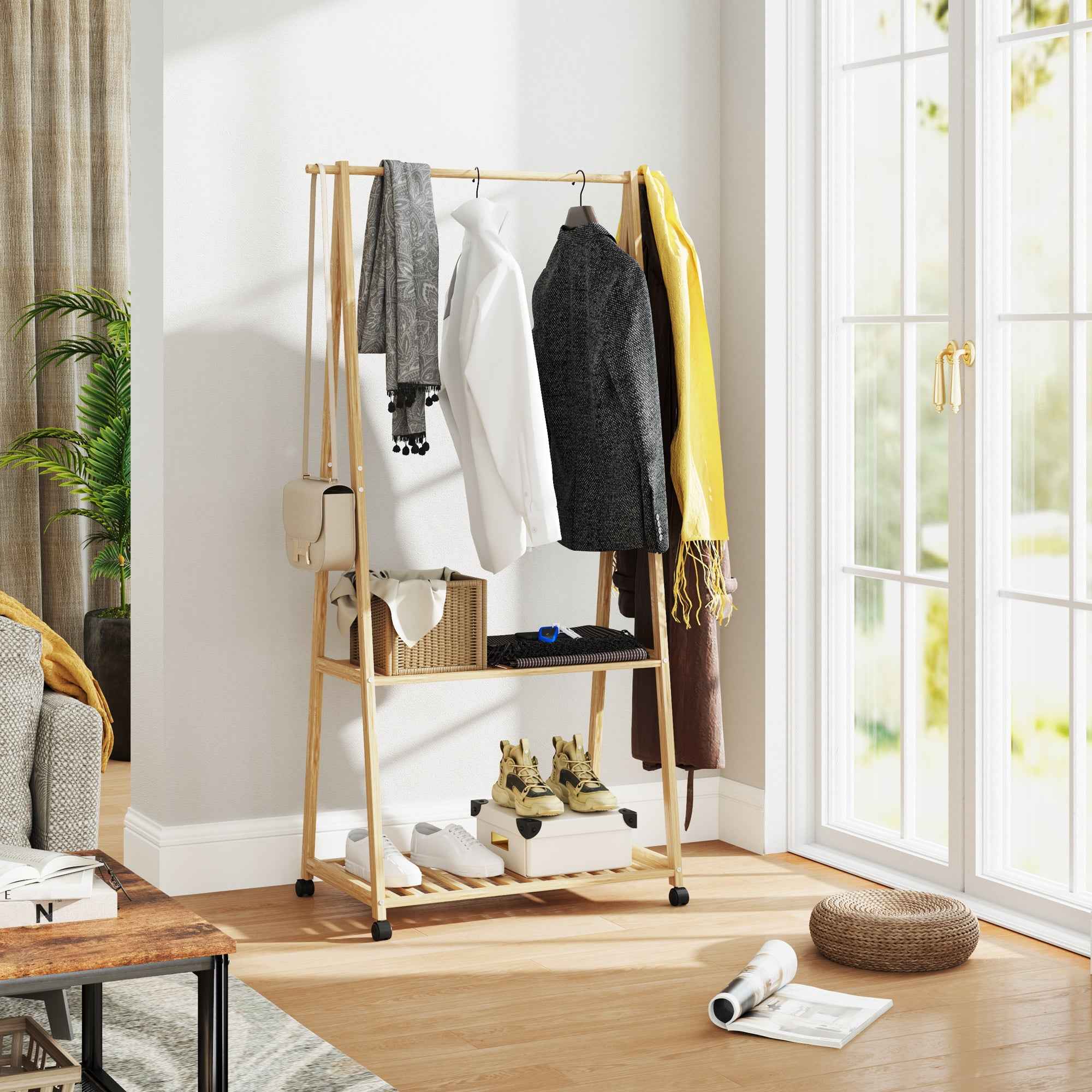 HOMCOM Bamboo Coat Rack with Shoe Shelf, 2 Hooks, Mobile Coat Stand for Entryway, Living Room, Natural
