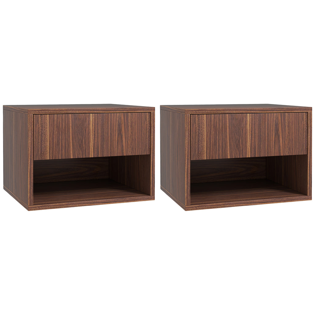 Set of 2 Hanging Bedside Tables with Drawer and Open Lower Shelf, Wooden, 40x34x29 cm, Brown