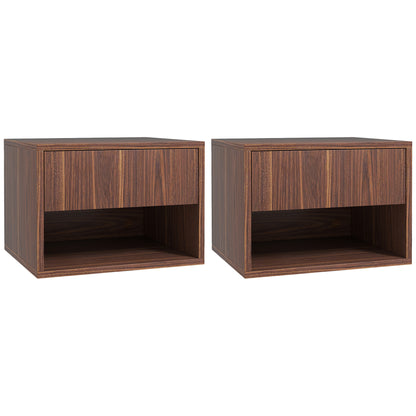 Set of 2 Hanging Bedside Tables with Drawer and Open Lower Shelf, Wooden, 40x34x29 cm, Brown