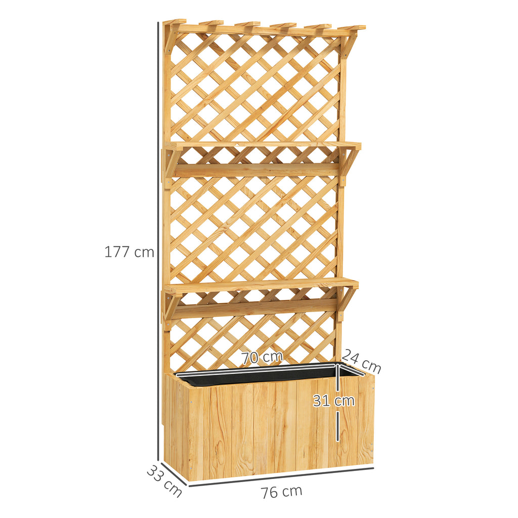 Planter with Trellis for Climbing Plants, Drainage Holes and 2 Shelves, in Fir Wood, 76x33x177 cm