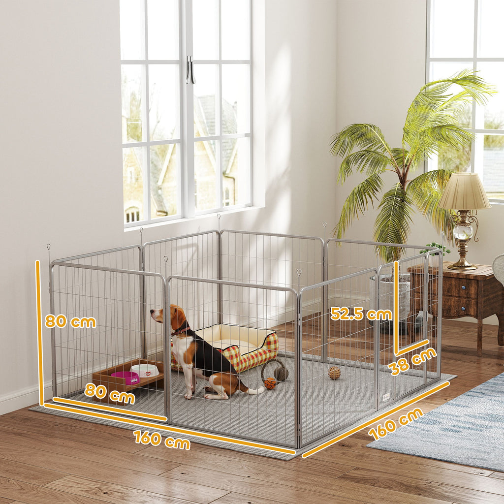 8 Panel Modular Folding Dog Playpen with Steel Door, Height 80 cm, Silver