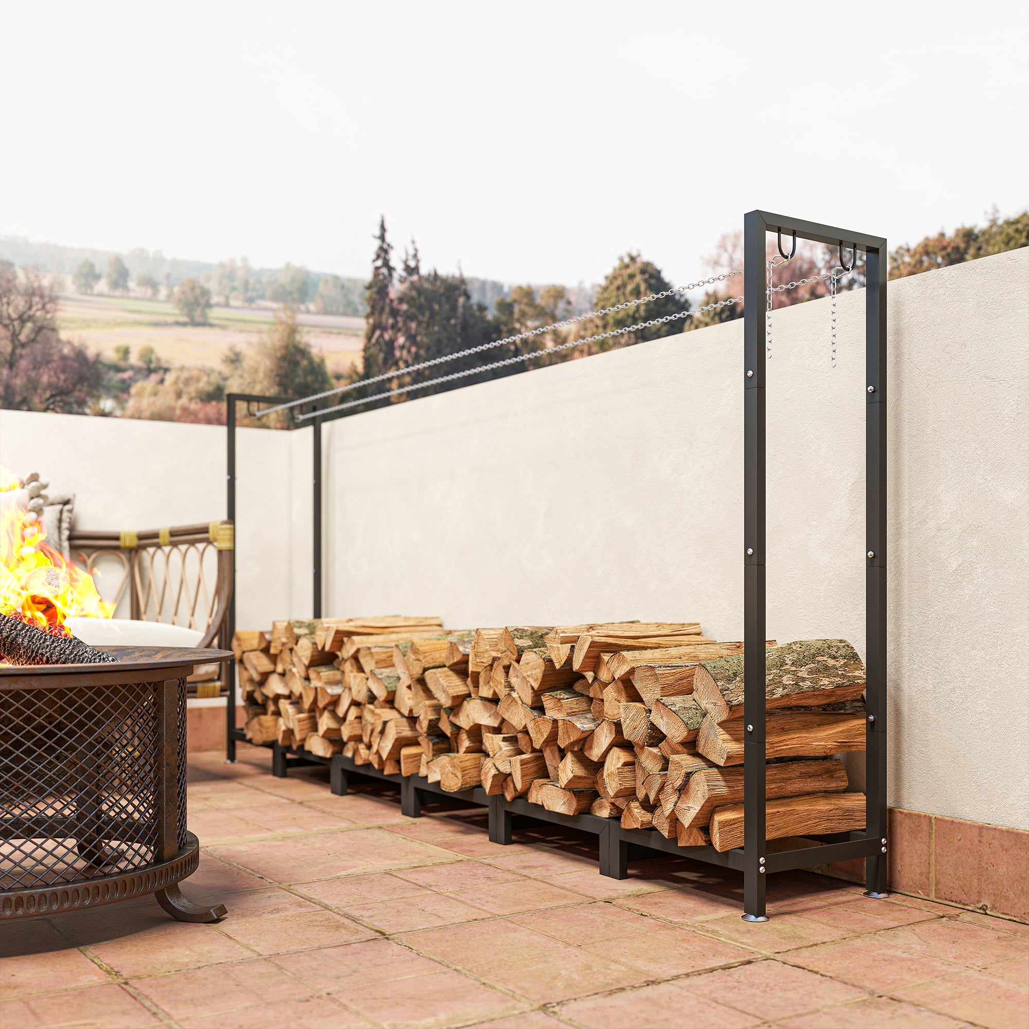 0.8m³ Adjustable Firewood Shed with Waterproof Tarpaulin and Steel Chains, 235x31x116cm, Black