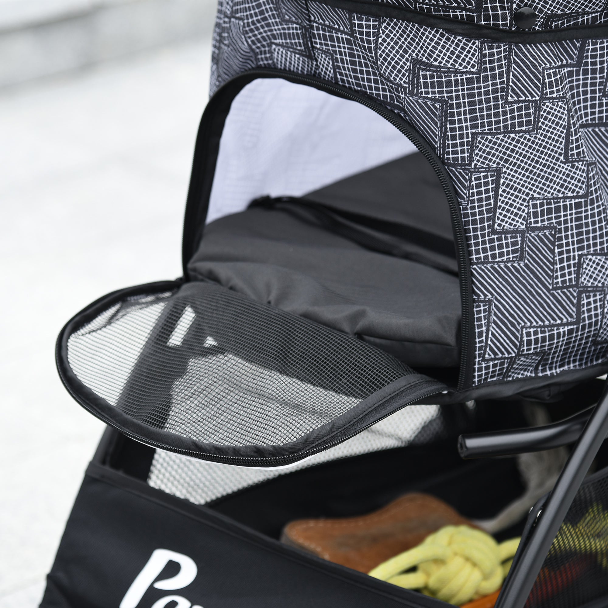 Dog Stroller with Basket, Cushion and 2 Leashes, Steel and Oxford Fabric, 81x48x99 cm, Black and Grey