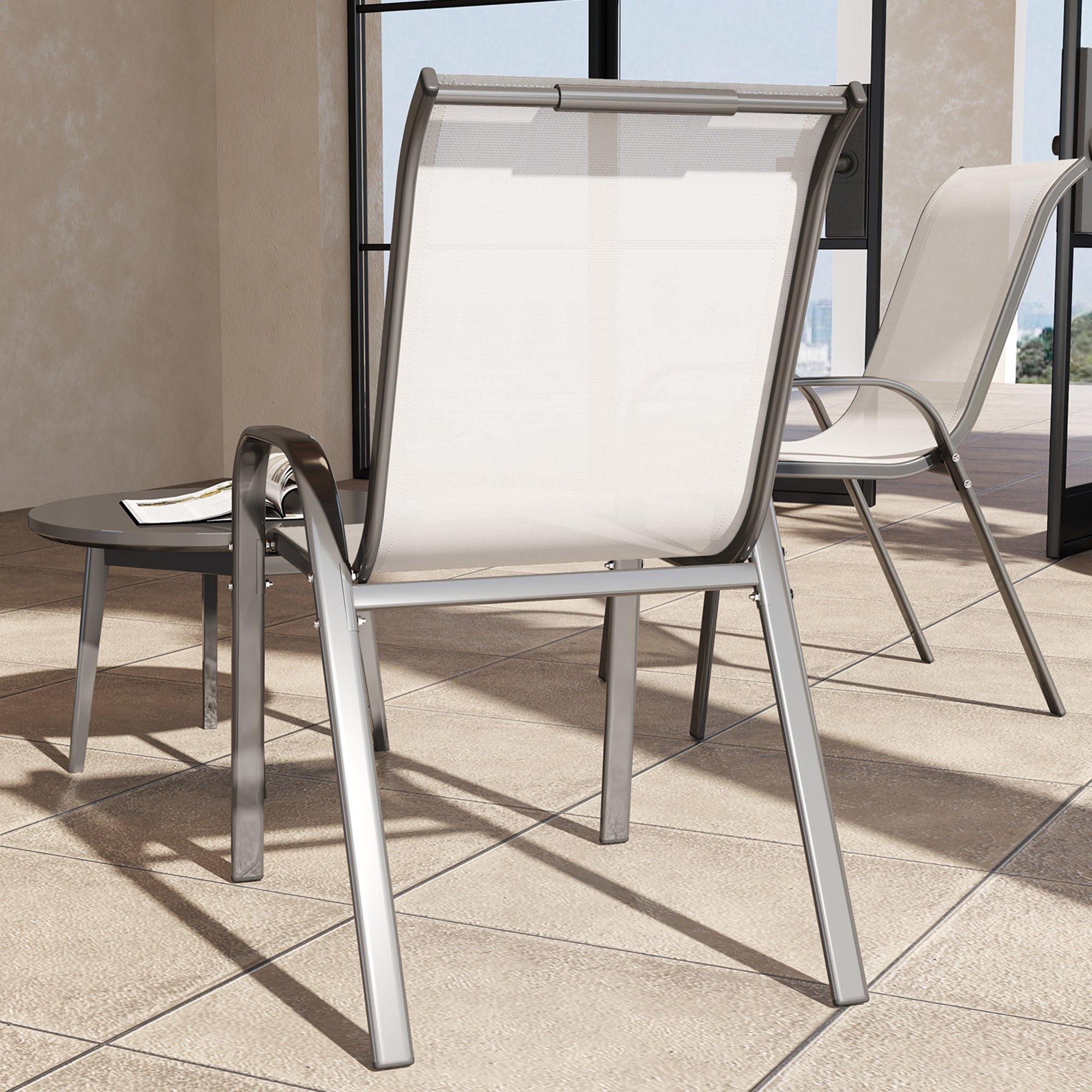 Outsunny Set of 2 Stackable Garden Chairs with Curved Armrests, in Steel and Breathable Fabric, 54x71x93 cm, Light Grey
