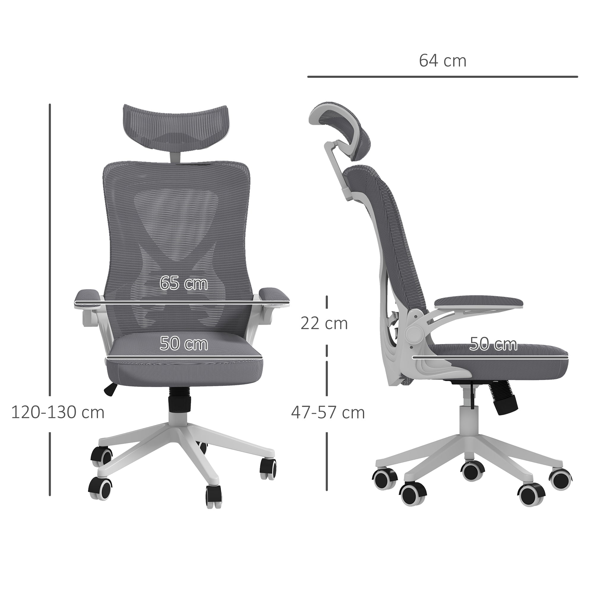 Height-Adjustable Office Chair with Lumbar Support and Flip-Up Armrests, 65x64x120-130 cm