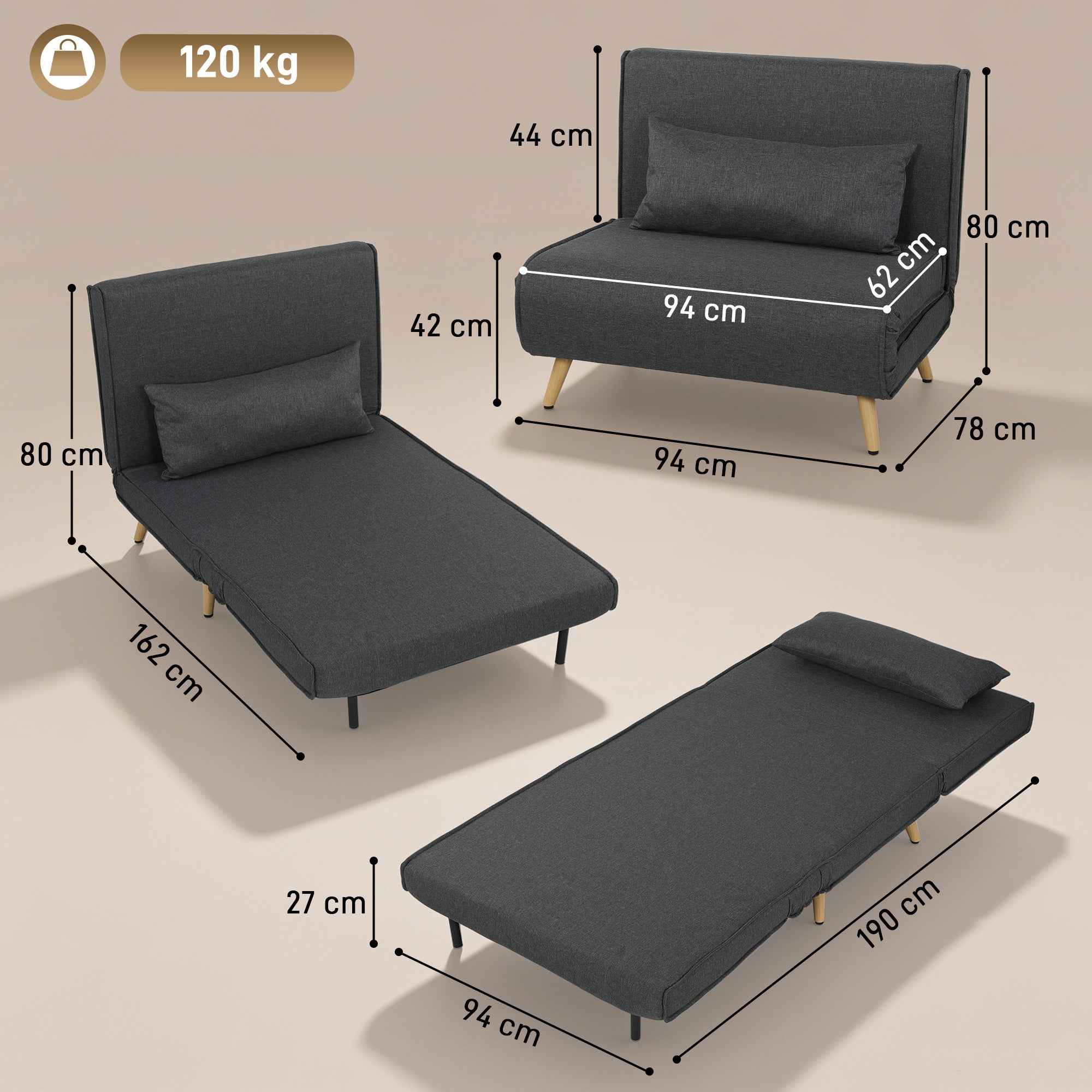 HOMCOM 3-in-1 Single Sofa Bed with 3-Level Adjustable Backrest and Cushion, in Linen-Effect Fabric, Grey