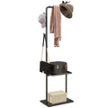 C-Shaped Floor Coat Rack with 3 Hooks, Bar and Bottom Tray, Stone Base and Non-Slip Feet, Black