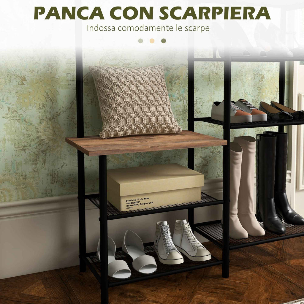 HOMCOM 6-Hook Coat Rack, Chipboard and Steel, Shoe Rack, 92.5 x 28.2 x 182 cm