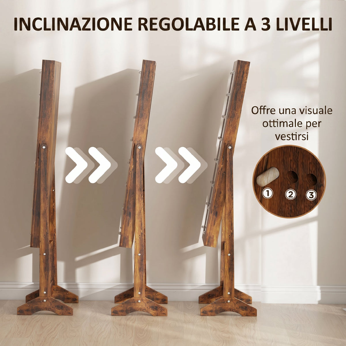 HOMCOM Jewelry Cabinet with Adjustable Mirror and LED Lights, 36x30x136 cm, Rustic Brown