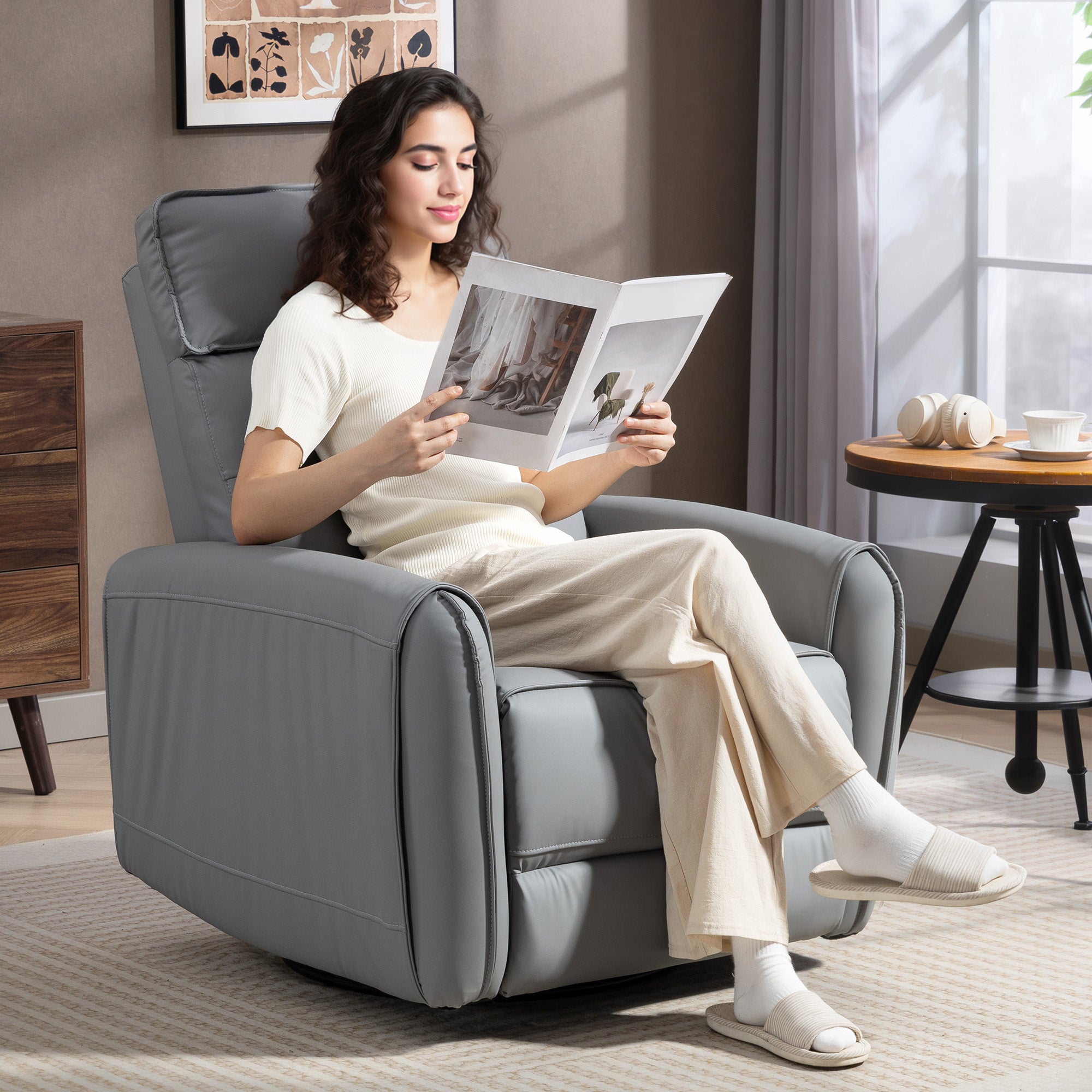 Manually Reclining Relaxing Chair with Leather-Effect Fabric Footrest and Swivel Base, Grey