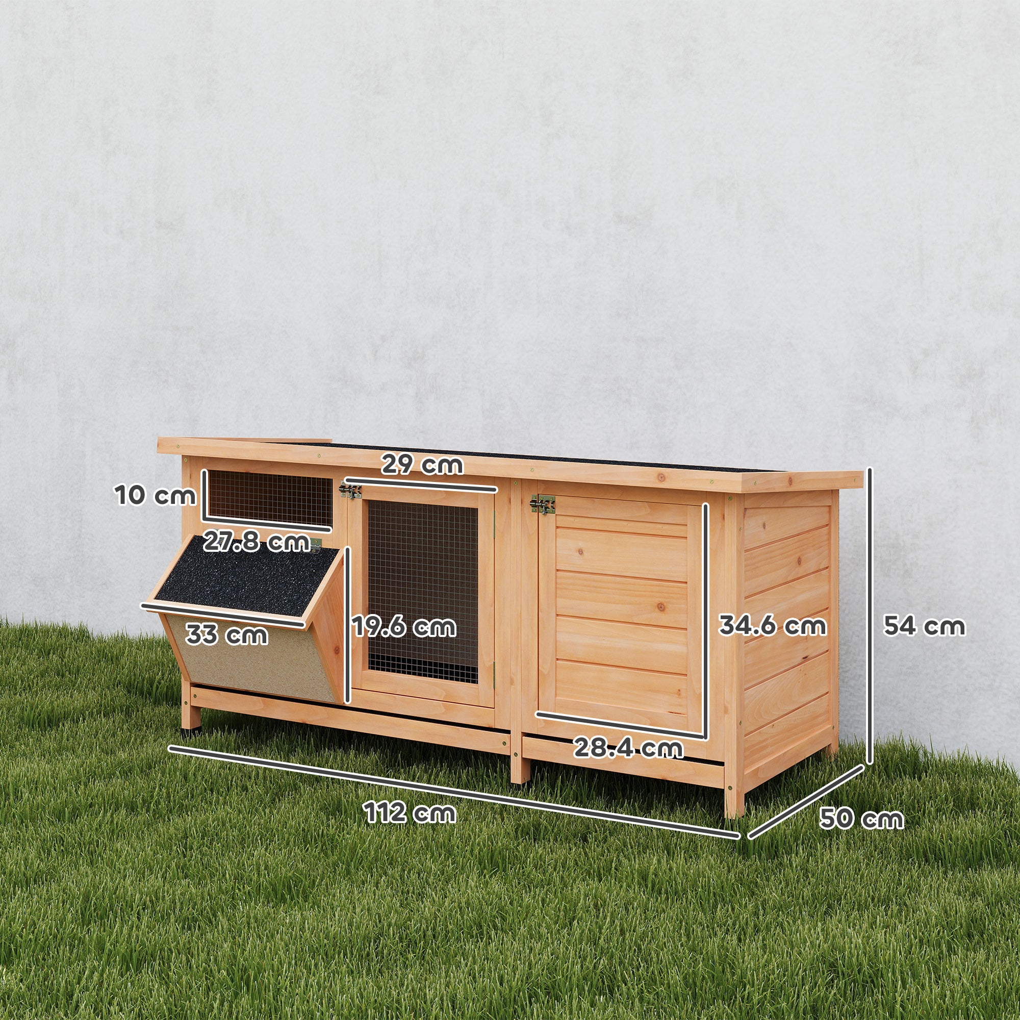 PawHut Outdoor Wooden Rabbit Hutch with Asphalt Roof, House, Trays and Feeder, 112x50x54 cm, Yellow