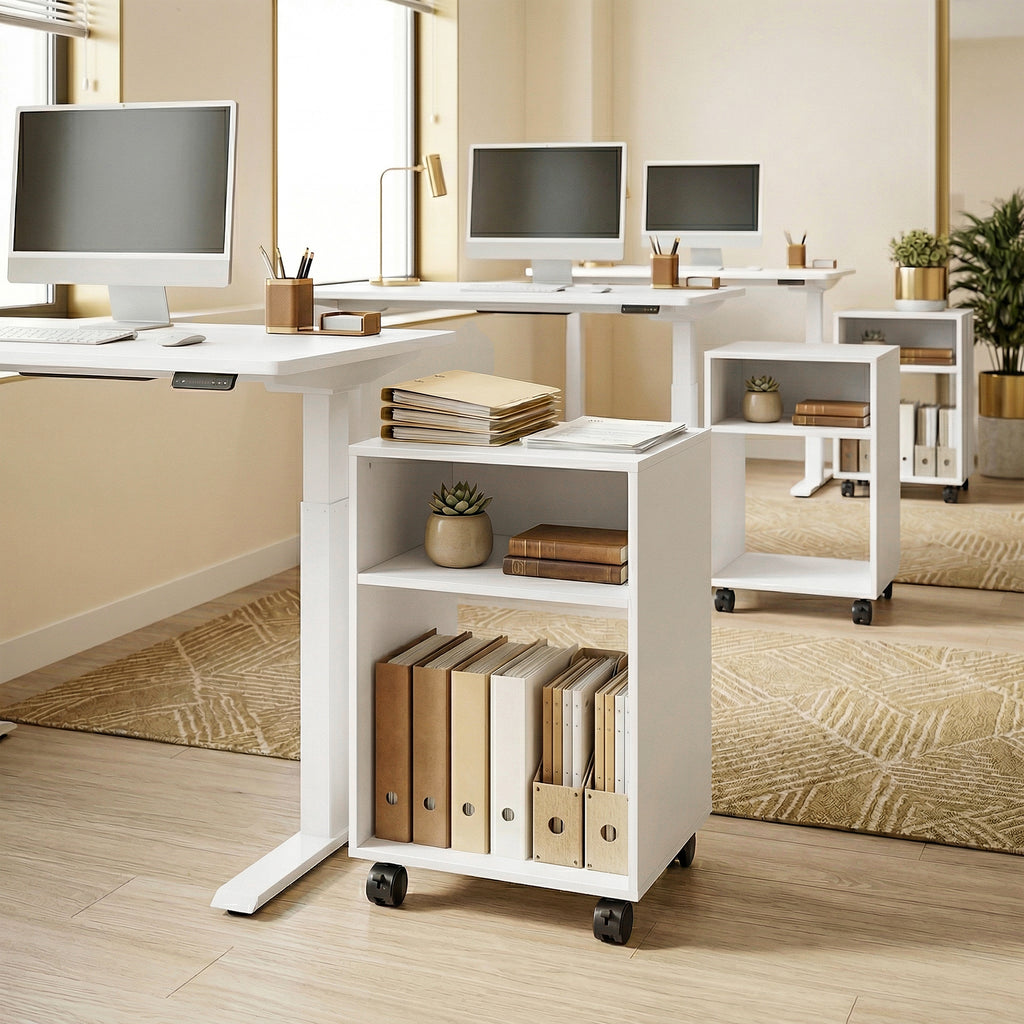 HOMCOM Wooden Printer Stand with Braked Wheels and 2 Open Compartments, 40x35x55 cm, for Office Study, White