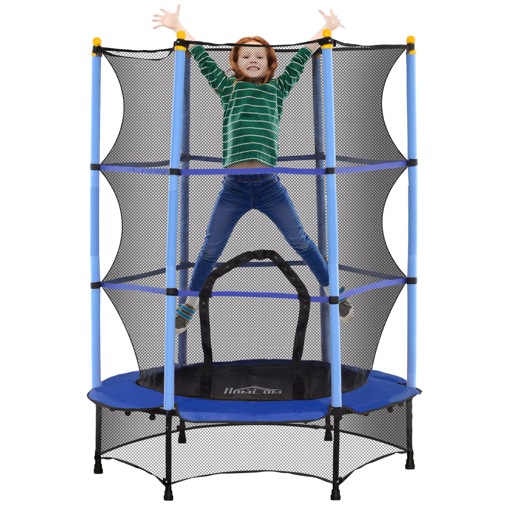Children's Trampoline with Safety Net and Padded Poles Ages 3-10 Years, Ø140 x 190 cm, Blue