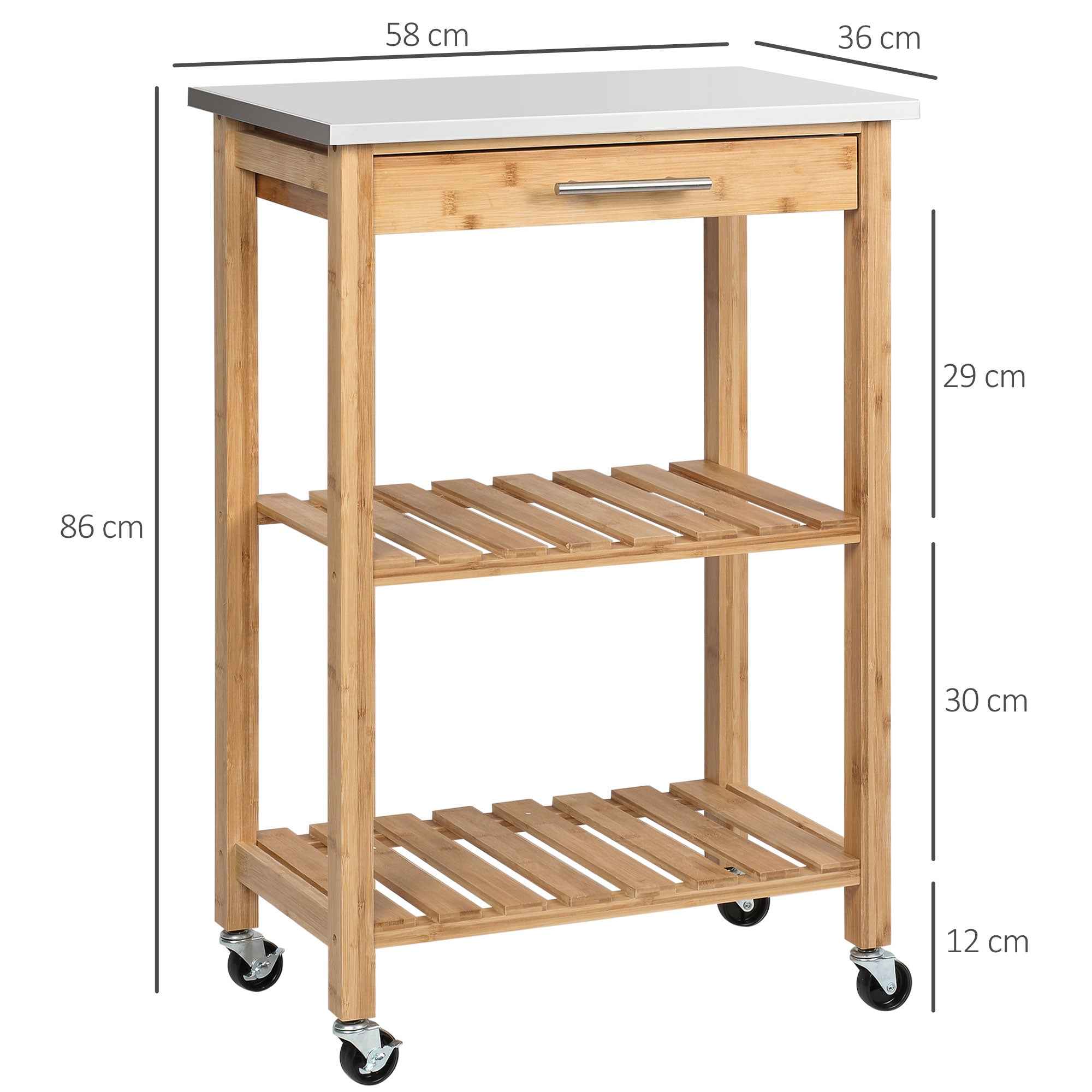 HOMCOM Bamboo Kitchen Cart with Stainless Steel Top, Drawer and Slatted Shelves, Wood