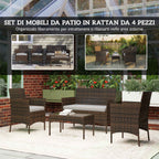 Outsunny 4-Piece Garden Set with 2-Seater Sofa, 2 Chairs and Coffee Table, in Rattan and Steel, Grey and Brown