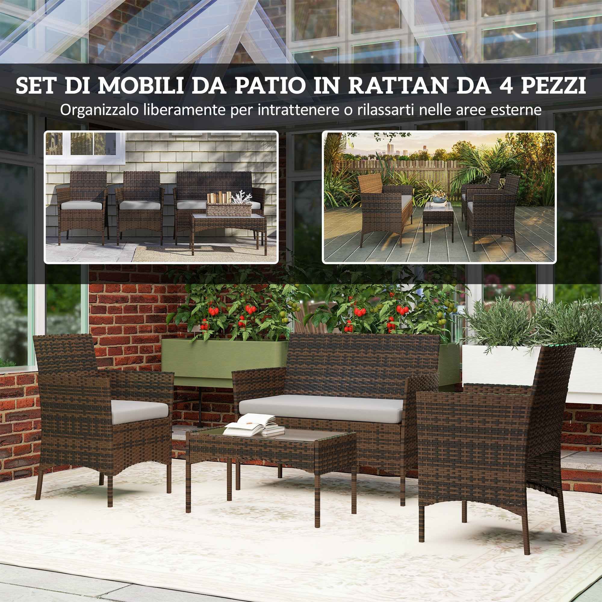 Outsunny 4-Piece Garden Set with 2-Seater Sofa, 2 Chairs and Coffee Table, in Rattan and Steel, Grey and Brown