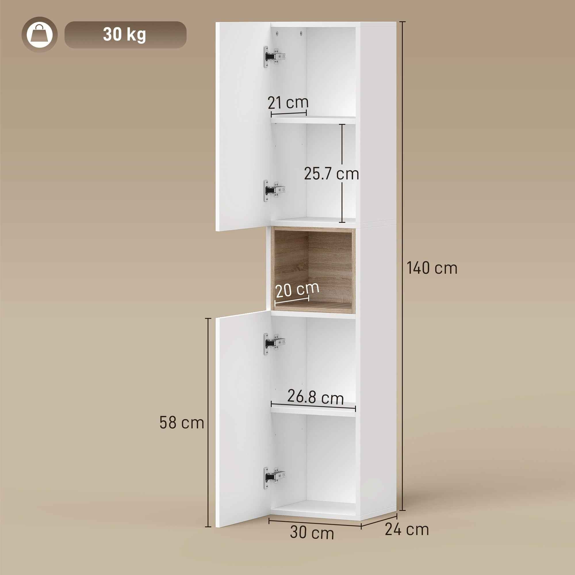 HOMCOM 2-Door Bathroom Cabinet with Open Space and Adjustable Shelves, Wooden, 30x24x140 cm, White