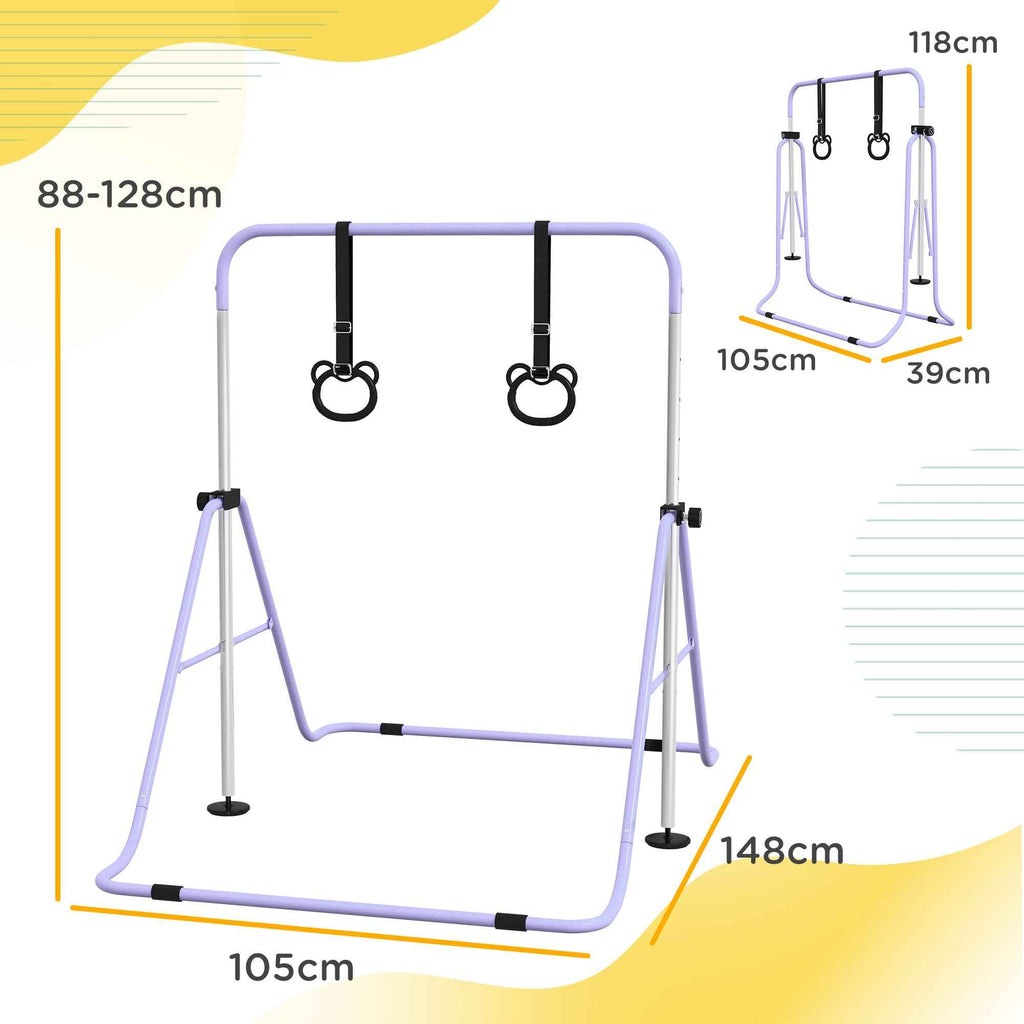 HOMCOM Height-Adjustable Gymnastics Bar for Children with 2 Rings, Steel, 148x105x88-128 cm, Purple