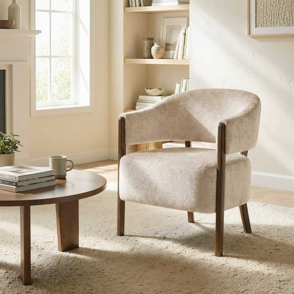 Chenille Upholstered Bedroom Armchair with Solid Wood Frame and Legs, Beige
