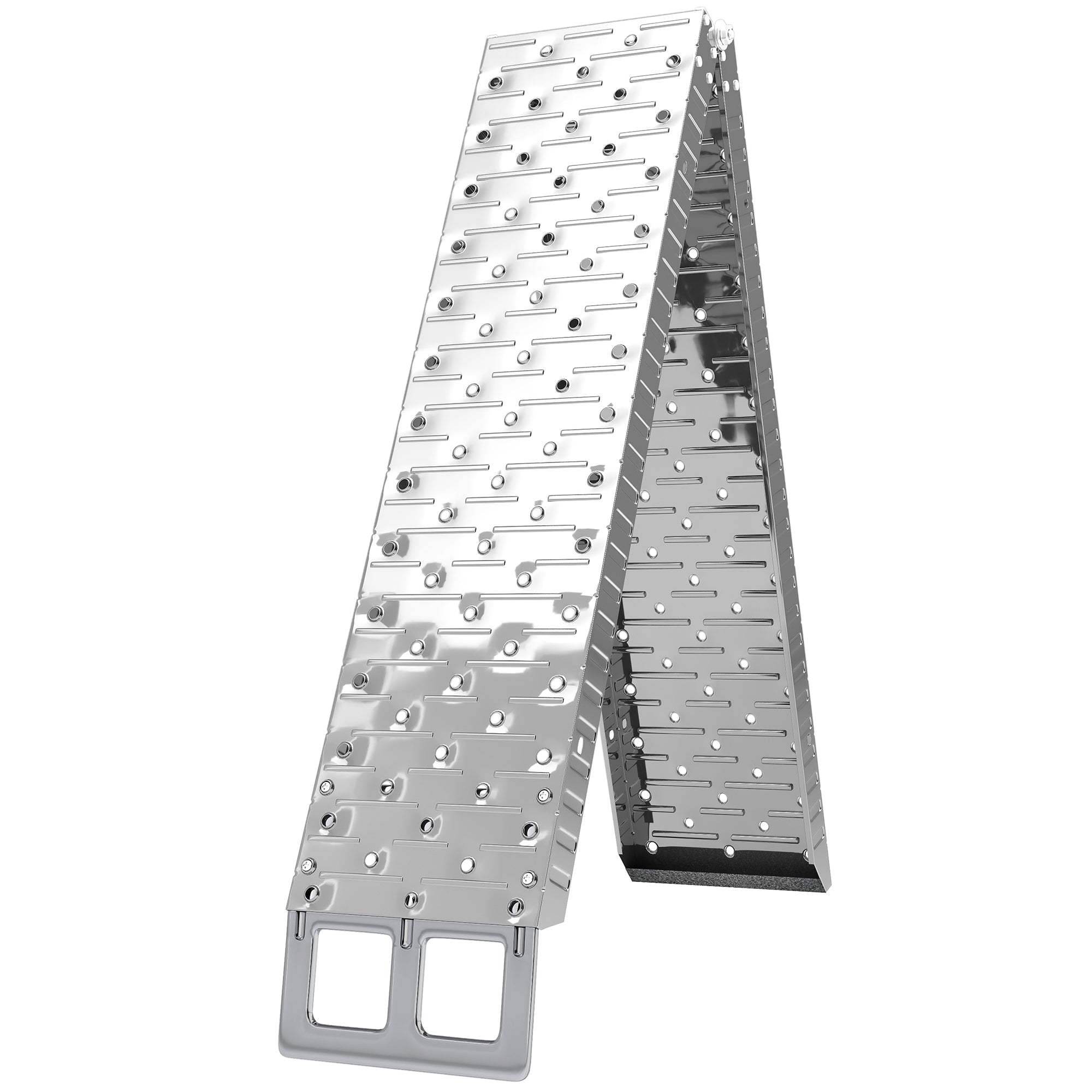 Folding Non-Slip Motorcycle Loading Ramp with Safety Strap, Steel, Silver