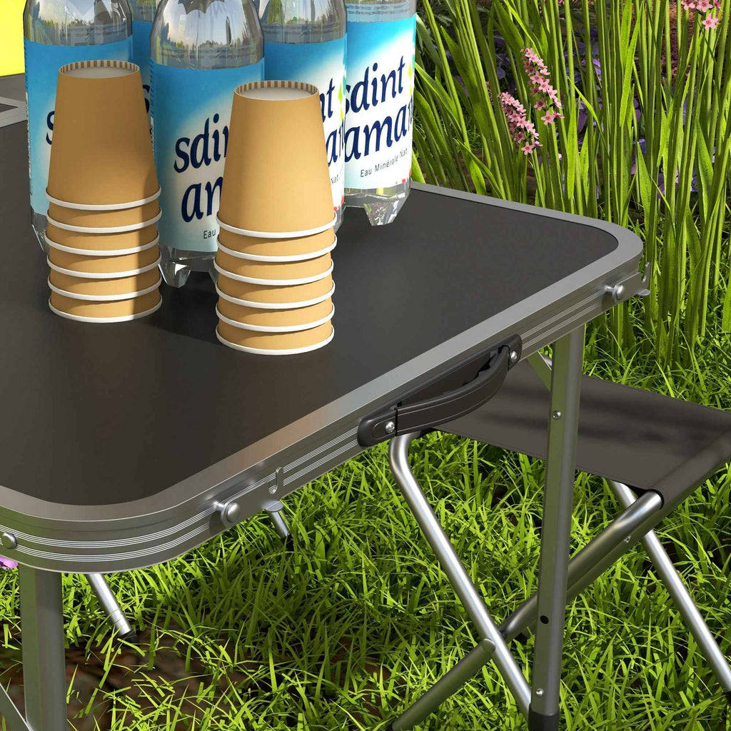 Outsunny Folding and Adjustable Camping Table Set with 4 Chairs and Umbrella Hole, Made of Aluminum and Wood, Black