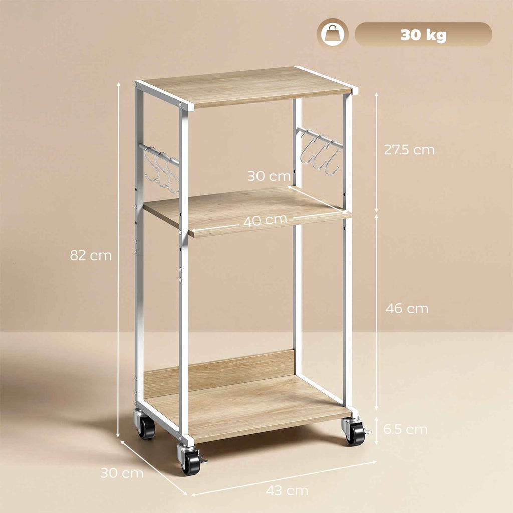 HOMCOM 3-Tier Printer Stand with Wheels and Hooks, Natural
