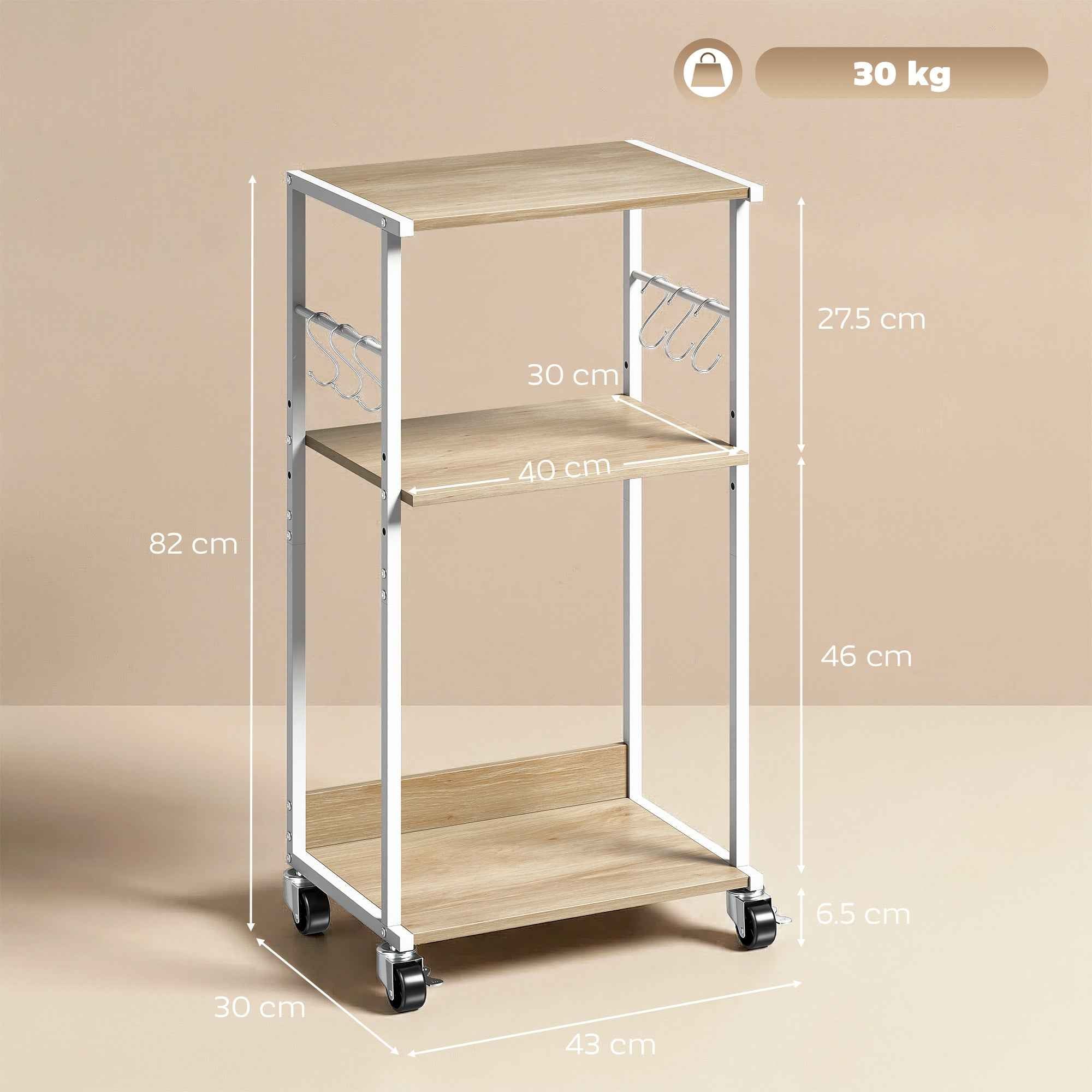 HOMCOM 3-Tier Printer Stand with Wheels and Hooks, Natural