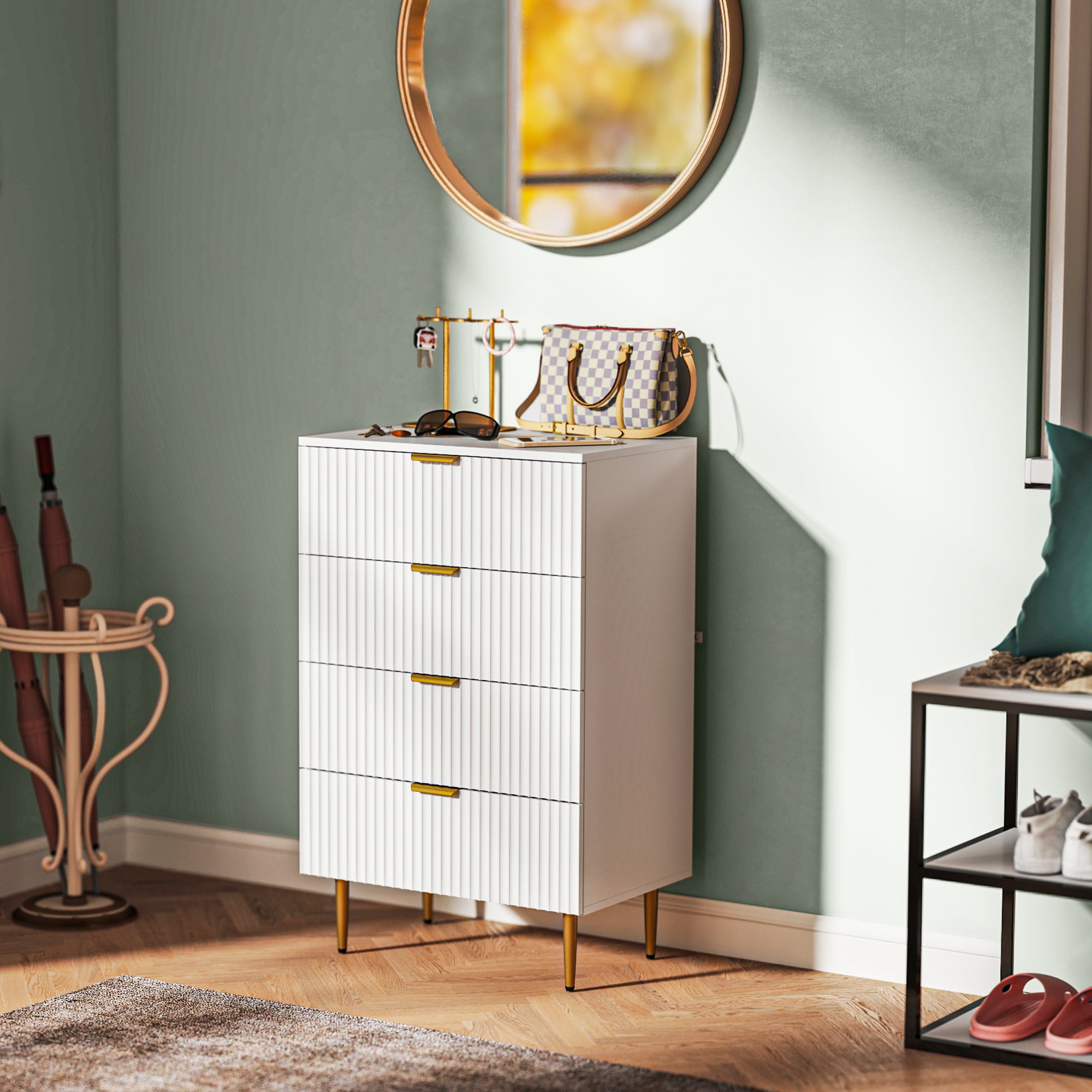 Modern Chest of 4 Drawers with Golden Handles, 60x40x96 cm, White