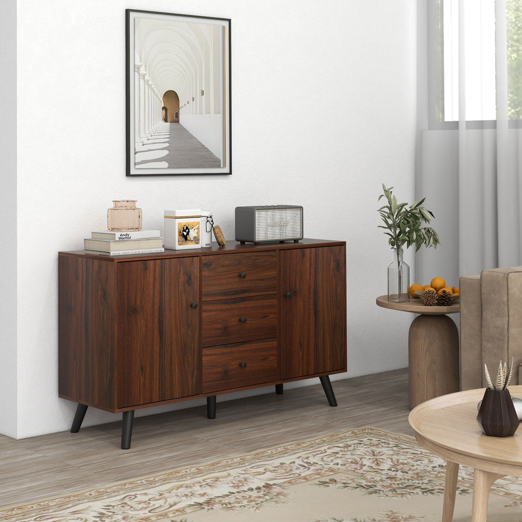 Modern Sideboard in Wood and Chipboard with 2 Cabinets and 3 Drawers, 127x40x76 cm, Brown and Black