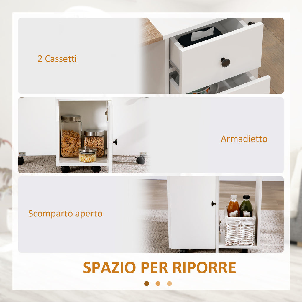 Folding Table with 2 Drawers and Cabinet, 6 Wheels and Brakes, 120x60x76.5 cm, White and Oak