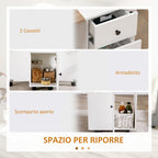 Folding Table with 2 Drawers and Cabinet, 6 Wheels and Brakes, 120x60x76.5 cm, White and Oak