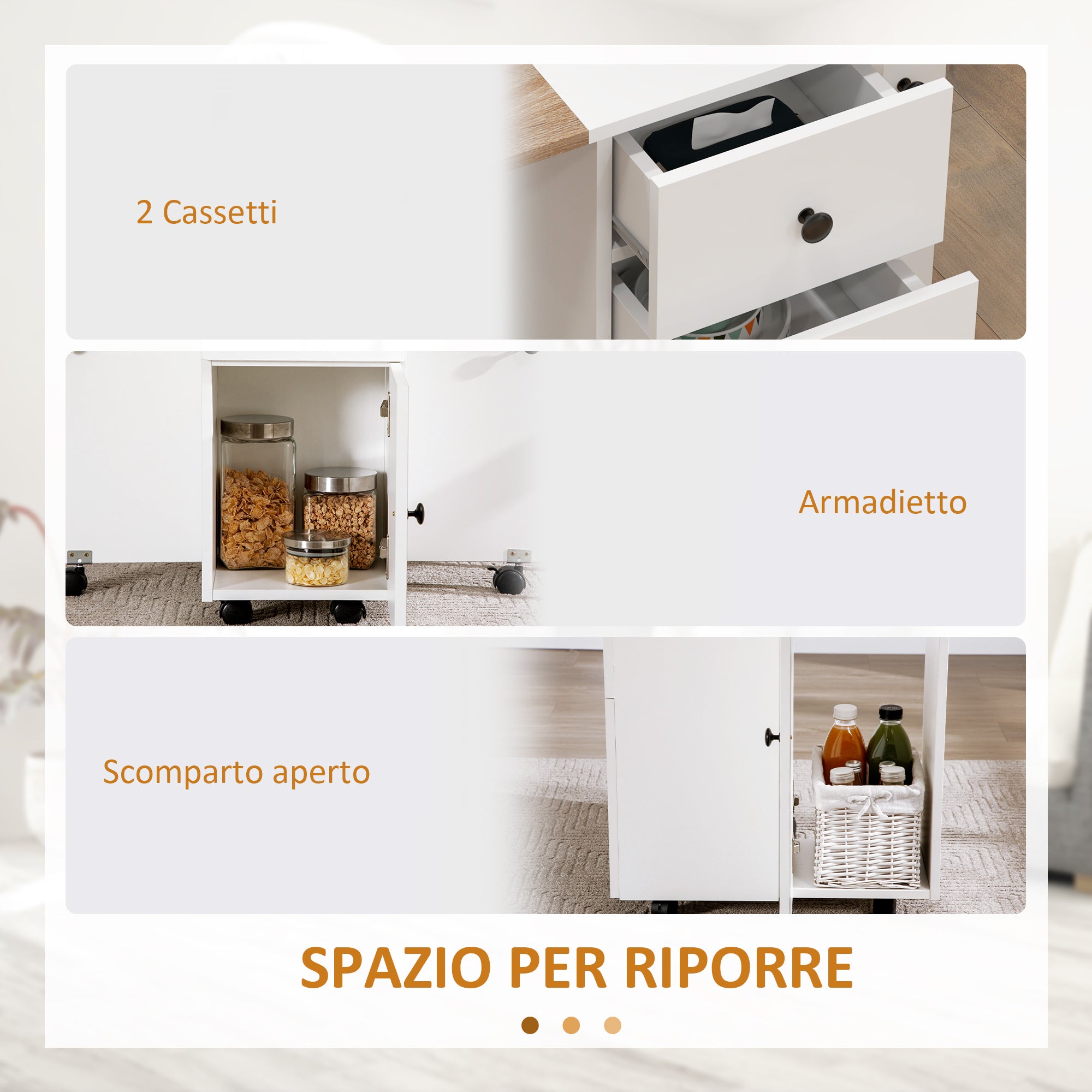 Folding Table with 2 Drawers and Cabinet, 6 Wheels and Brakes, 120x60x76.5 cm, White and Oak