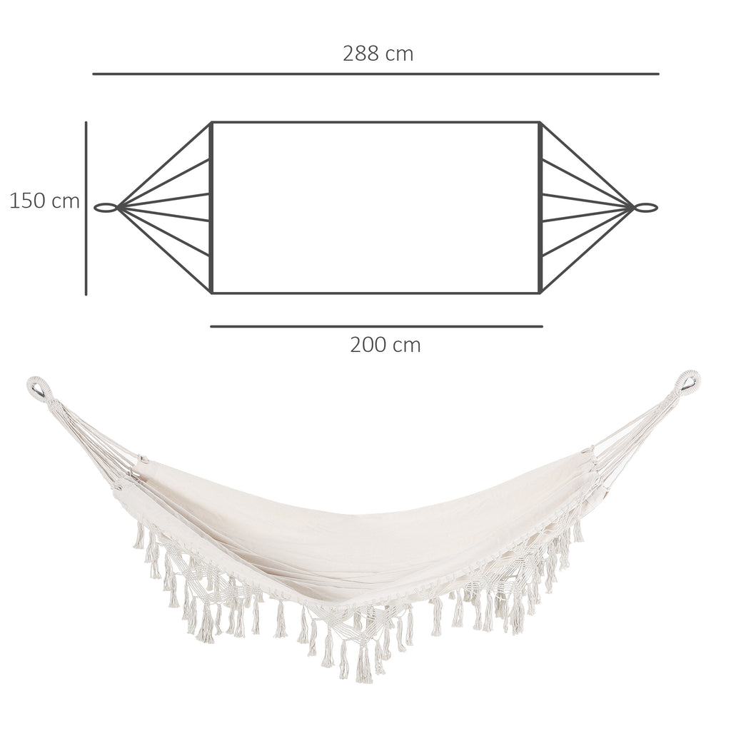 Boho Style Fringe Hanging Canvas Garden Hammock, 288x150cm, 120kg Capacity, Cream