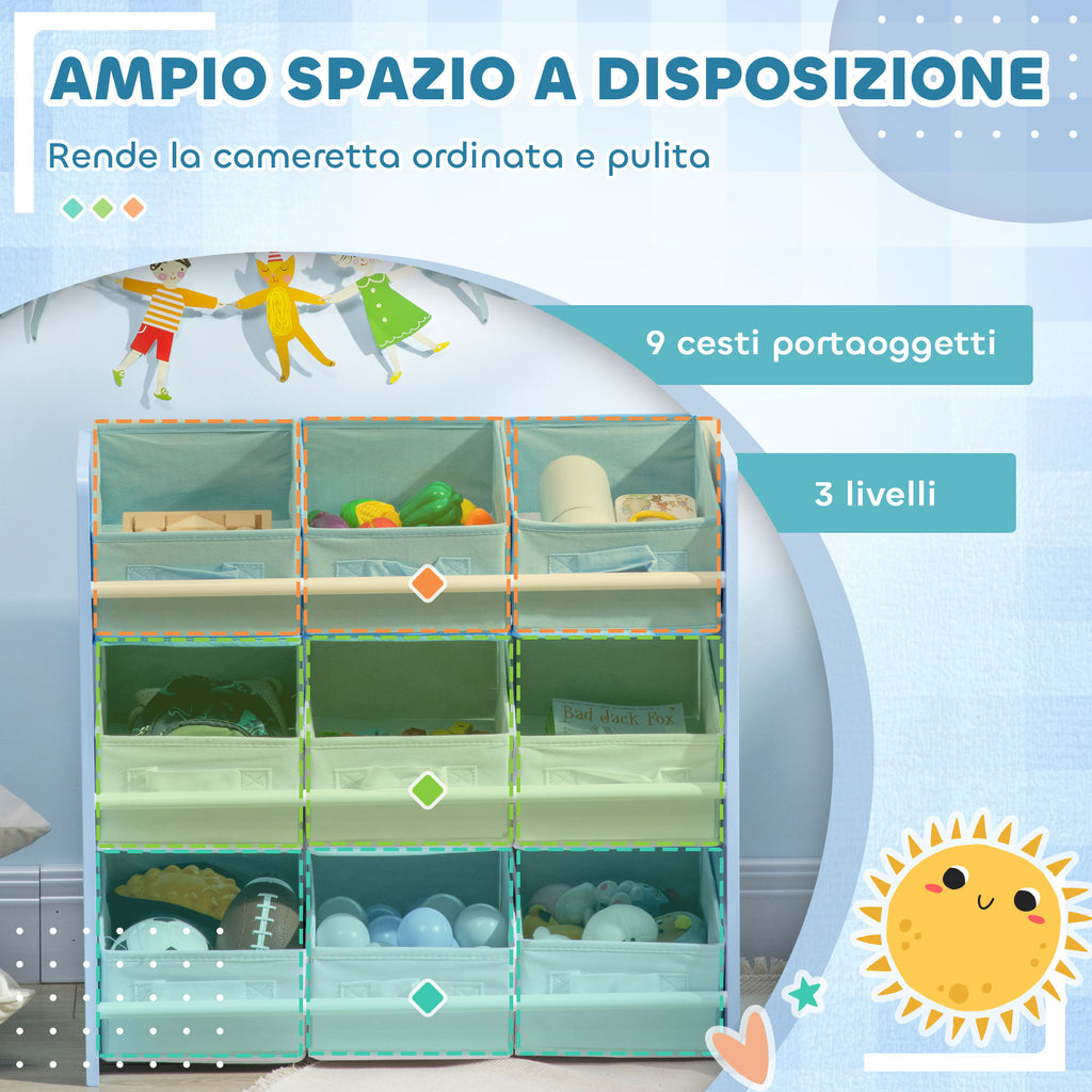 Toy Cabinet with 9 Removable Baskets in MDF and Fabric, 63x30x60cm, Blue
