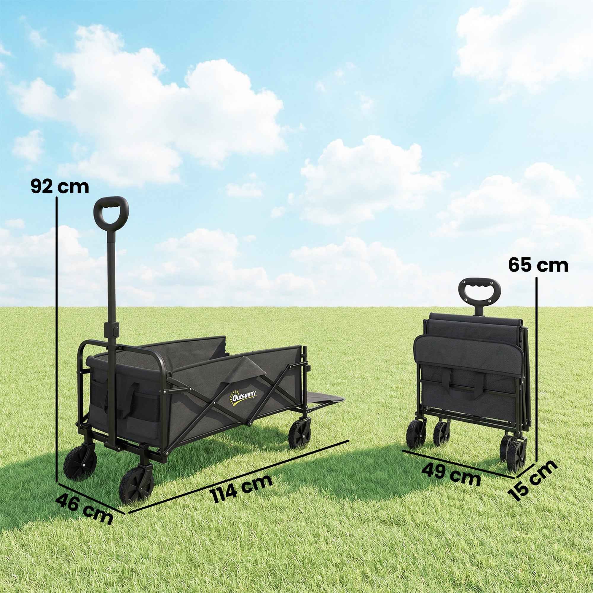 Outsunny 72L Folding Garden Cart with Adjustable Handle, Steel and Oxford Fabric, 114x46x92 cm, Black