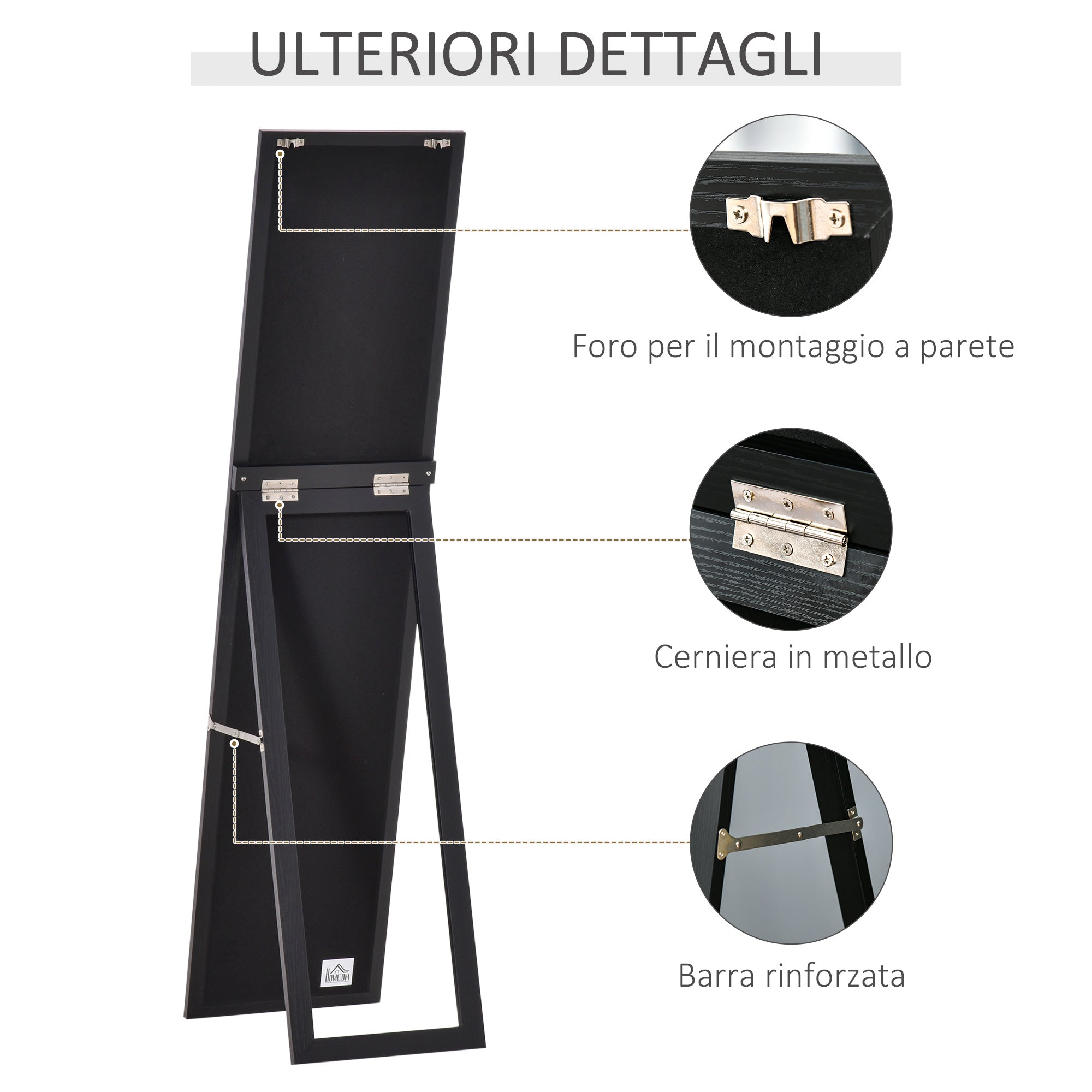 Floor and Wall Mirror with Folding Stand and MDF Frame, 37x48x152cm, Black
