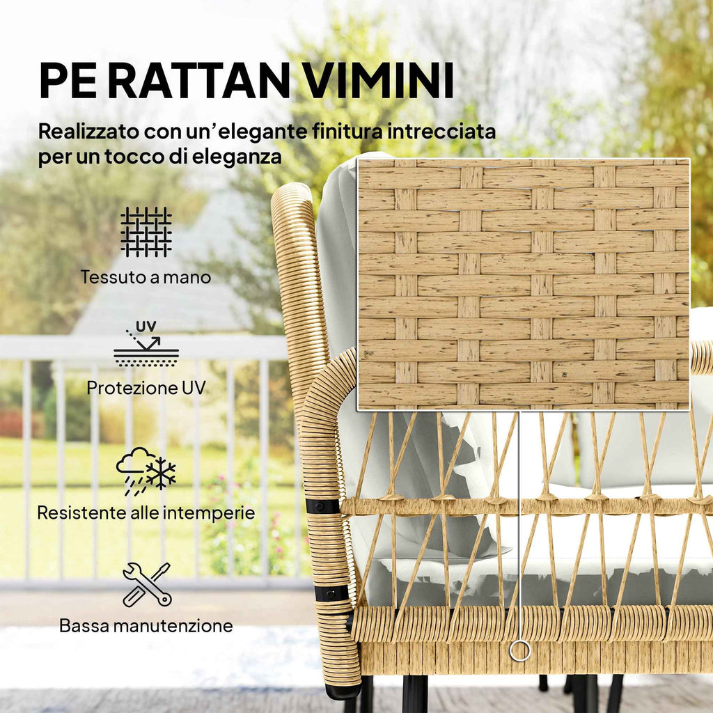 Outsunny 4-Piece Garden Lounge Set with 2 Two-Seater Sofas, Corner Sofa and Coffee Table, Steel and Rattan, Wood and Cream