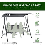 3-Seater Swing with Tilting Canopy and Cushions, in Steel and Polyester, 172x110x153 cm, Grey
