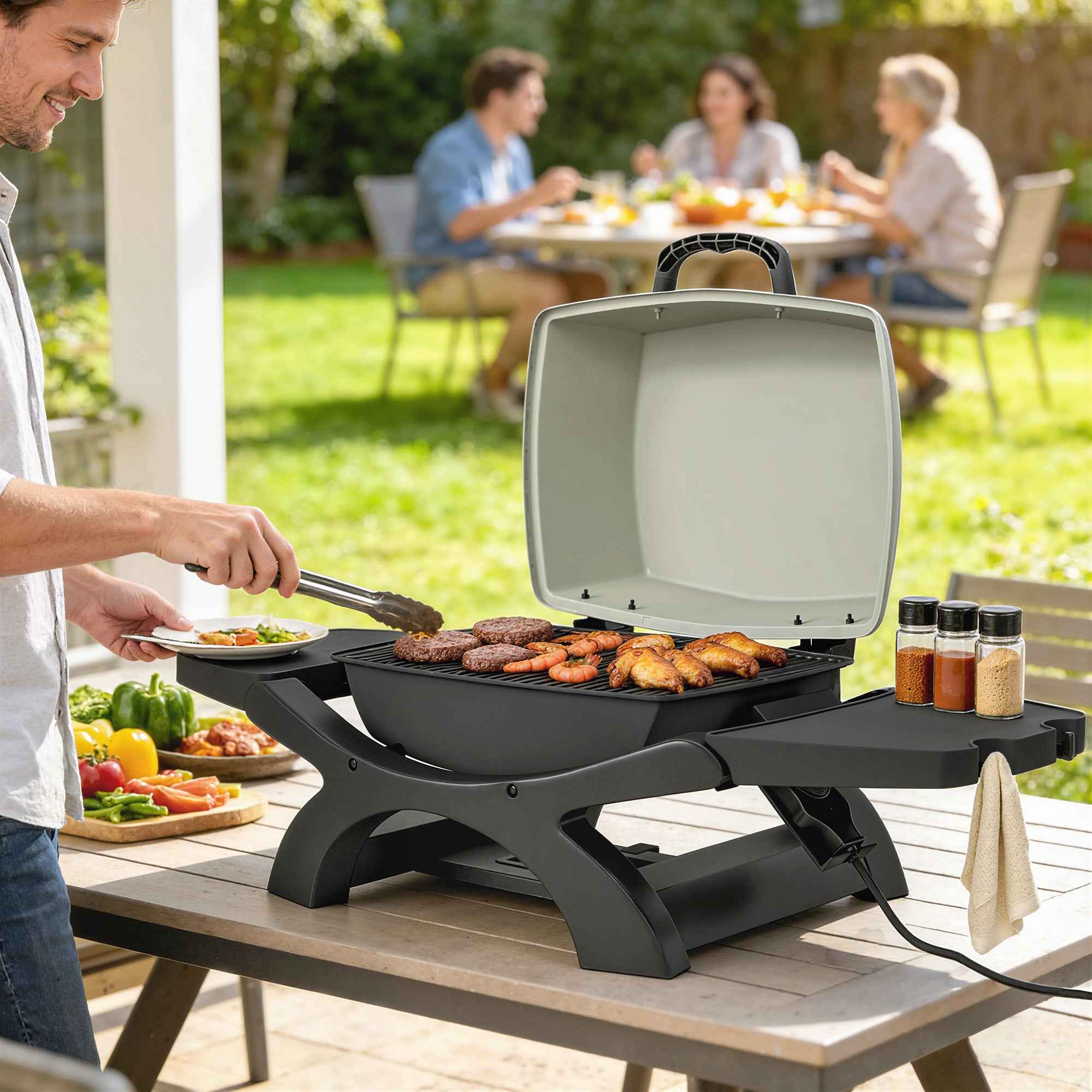 Outsunny 2300W Portable Tabletop Electric Barbecue with Side Shelves, Black.